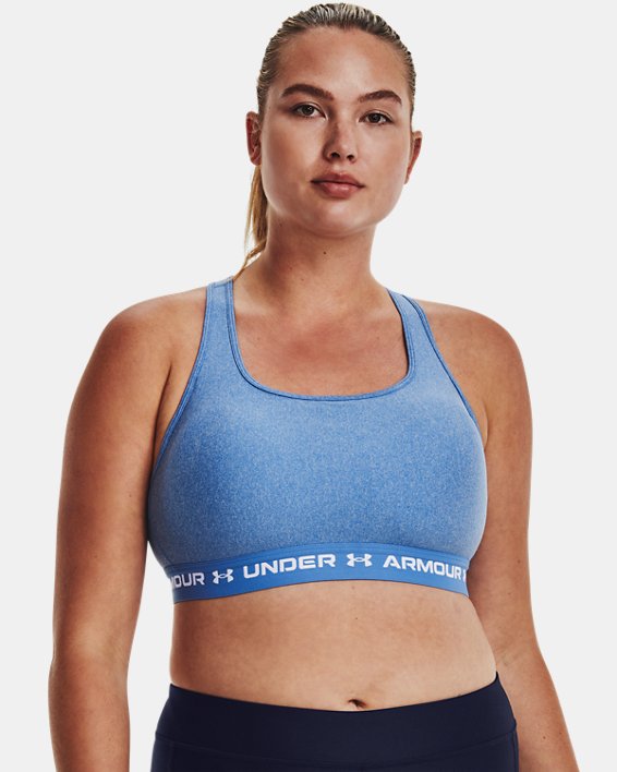 Women's Armour® Mid Crossback Heather Sports Bra, Blue, pdpMainDesktop image number 4